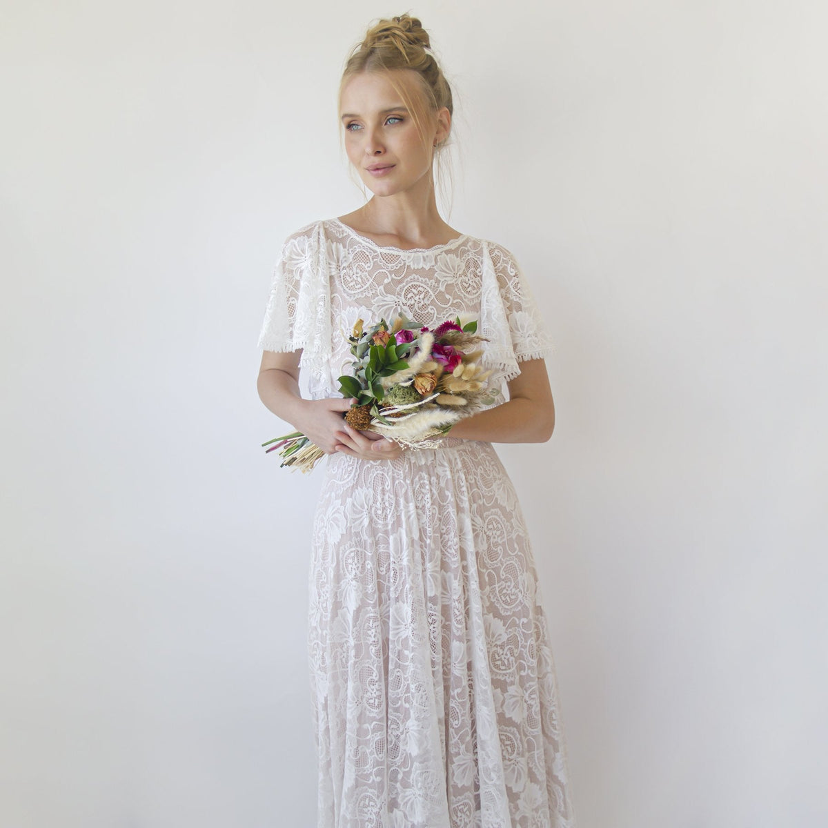 Lace Ivory Flutter Sleeve Dress , With a Separate Blush Underlining Dress  #1368