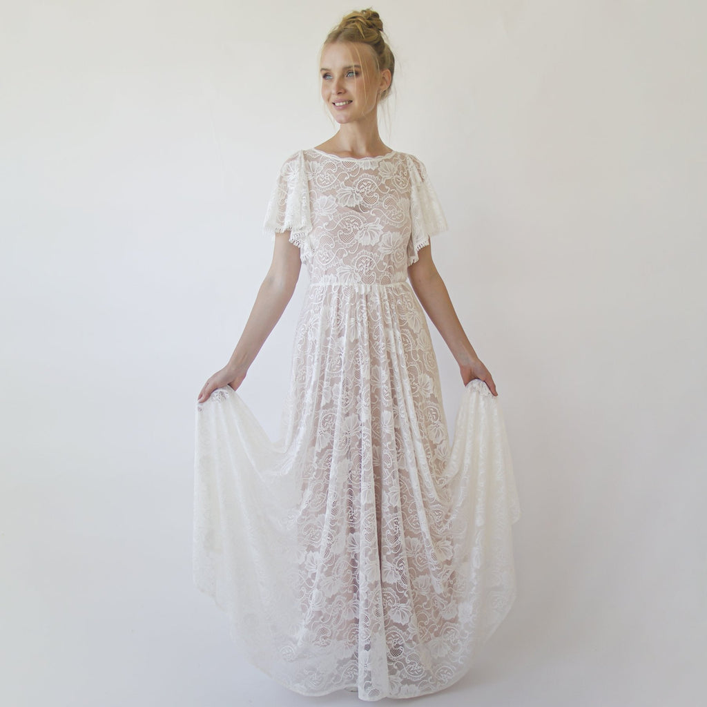 Lace Ivory Flutter Sleeve Dress , With a Separate Blush Underlining Dress  #1368