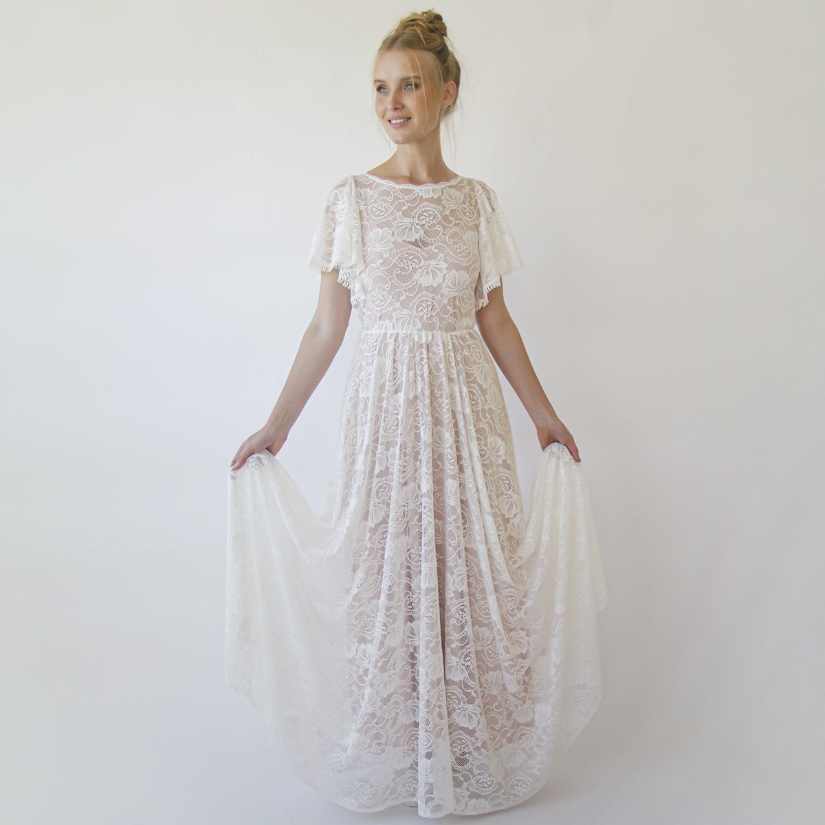 Lace Ivory Flutter Sleeve Dress , With a Separate Blush Underlining Dress  #1368