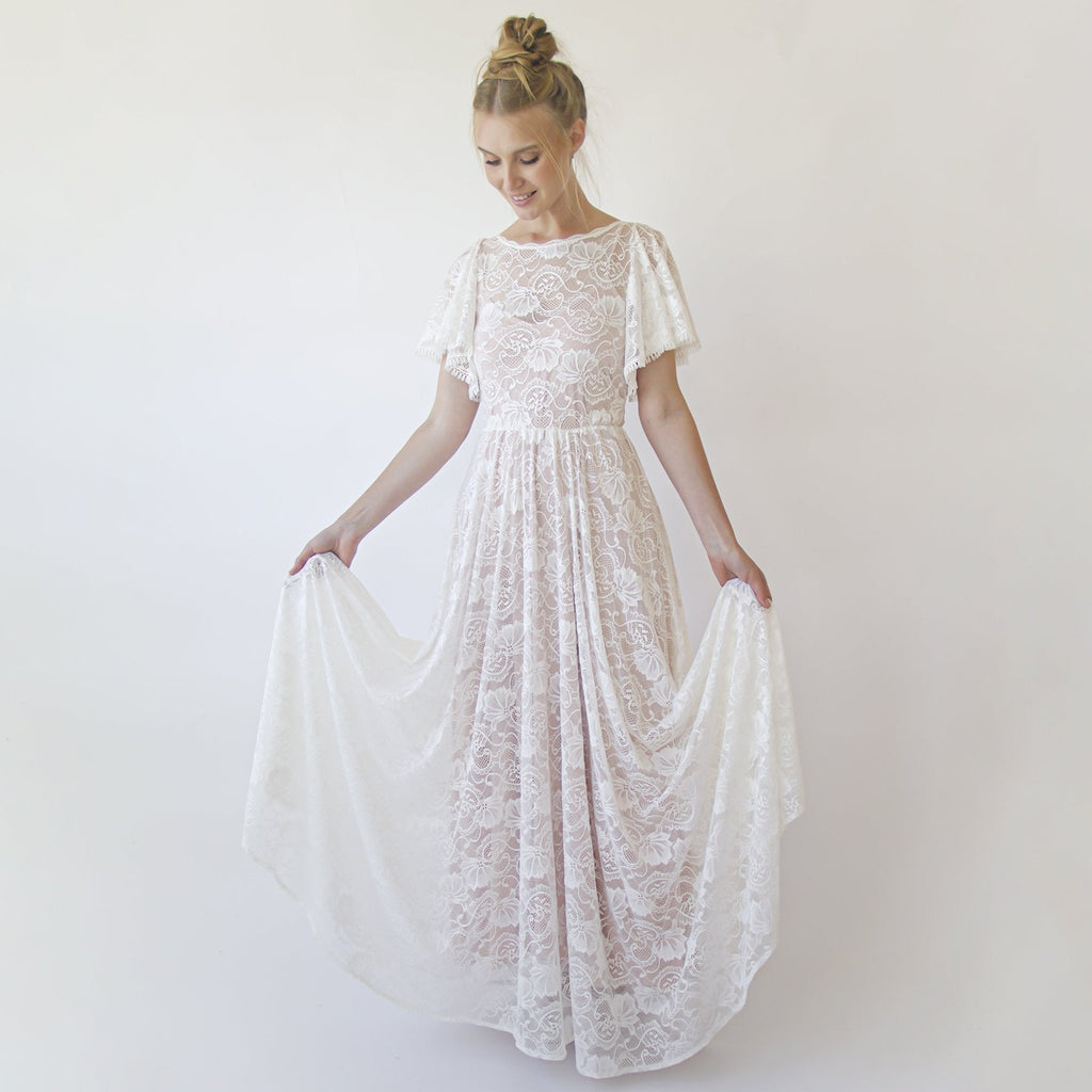 Lace Ivory Flutter Sleeve Dress , With a Separate Blush Underlining Dress  #1368