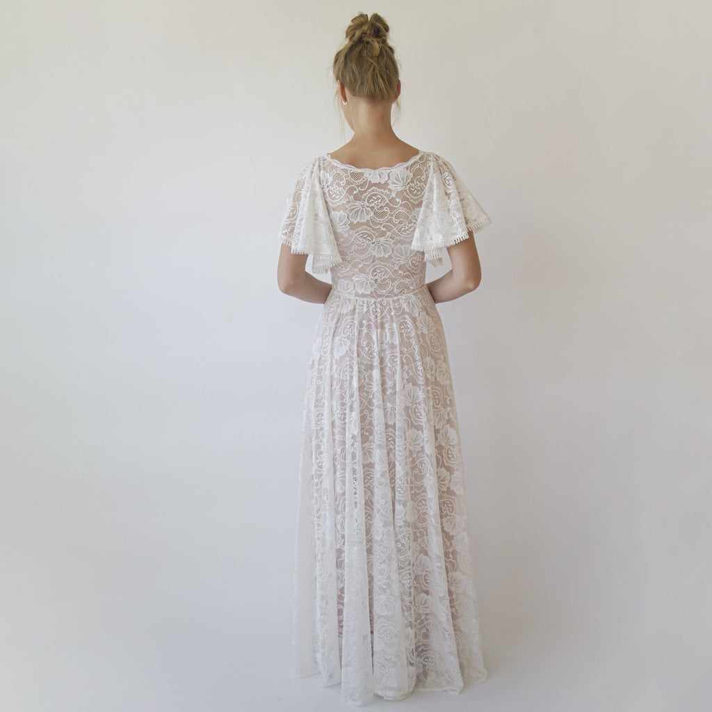 Lace Ivory Flutter Sleeve Dress , With a Separate Blush Underlining Dress  #1368