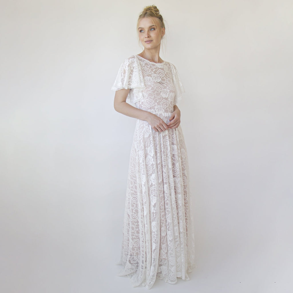 Lace Ivory Flutter Sleeve Dress , With a Separate Blush Underlining Dress  #1368
