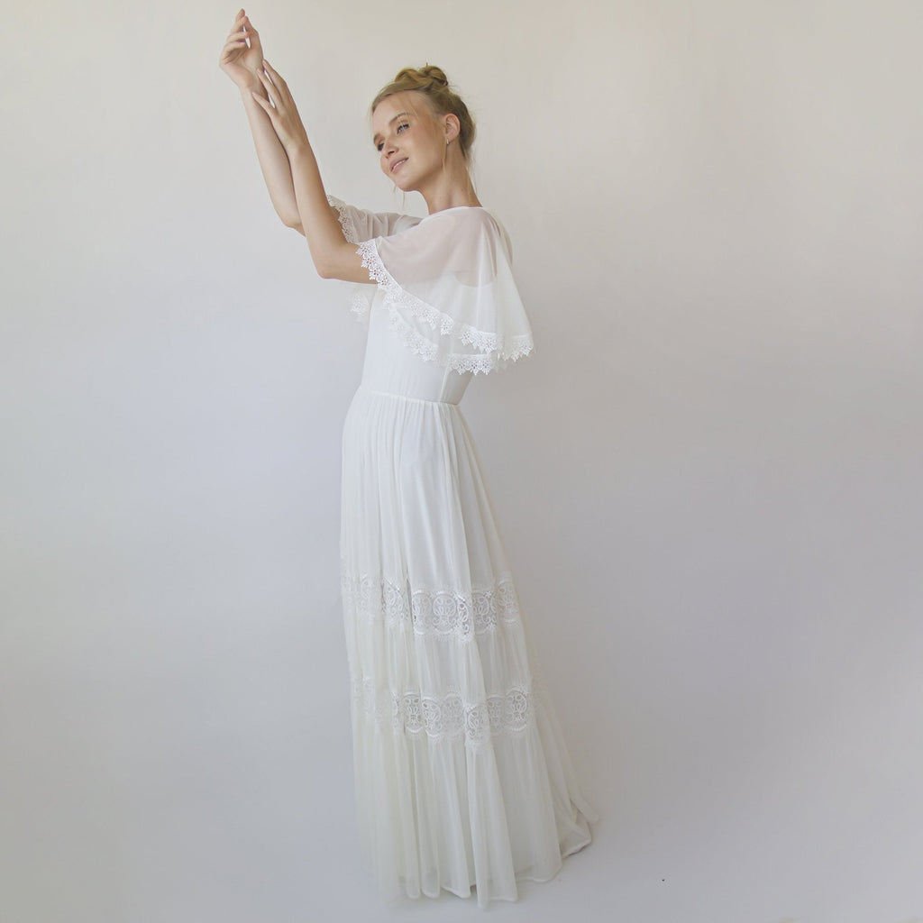 Romantic, Vintage Butterfly Chiffon Sleeves Ivory Wedding Dress #1348