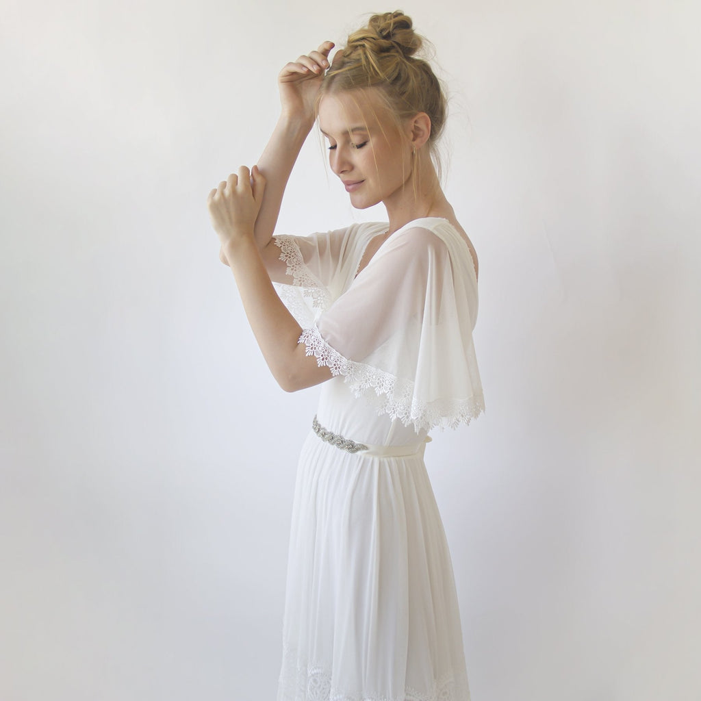 Romantic, Vintage Butterfly Chiffon Sleeves Ivory Wedding Dress #1348