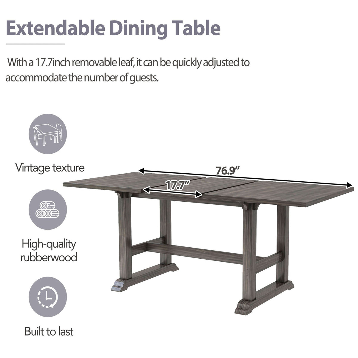 7-Piece Updated 76.9inch Extendable Trestle Dining Table Set With Removable Leaf, Kitchen Table Set With Upholstered Sid