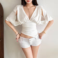 Autumn Deep V-neck Pleated Waist-cinching Top
