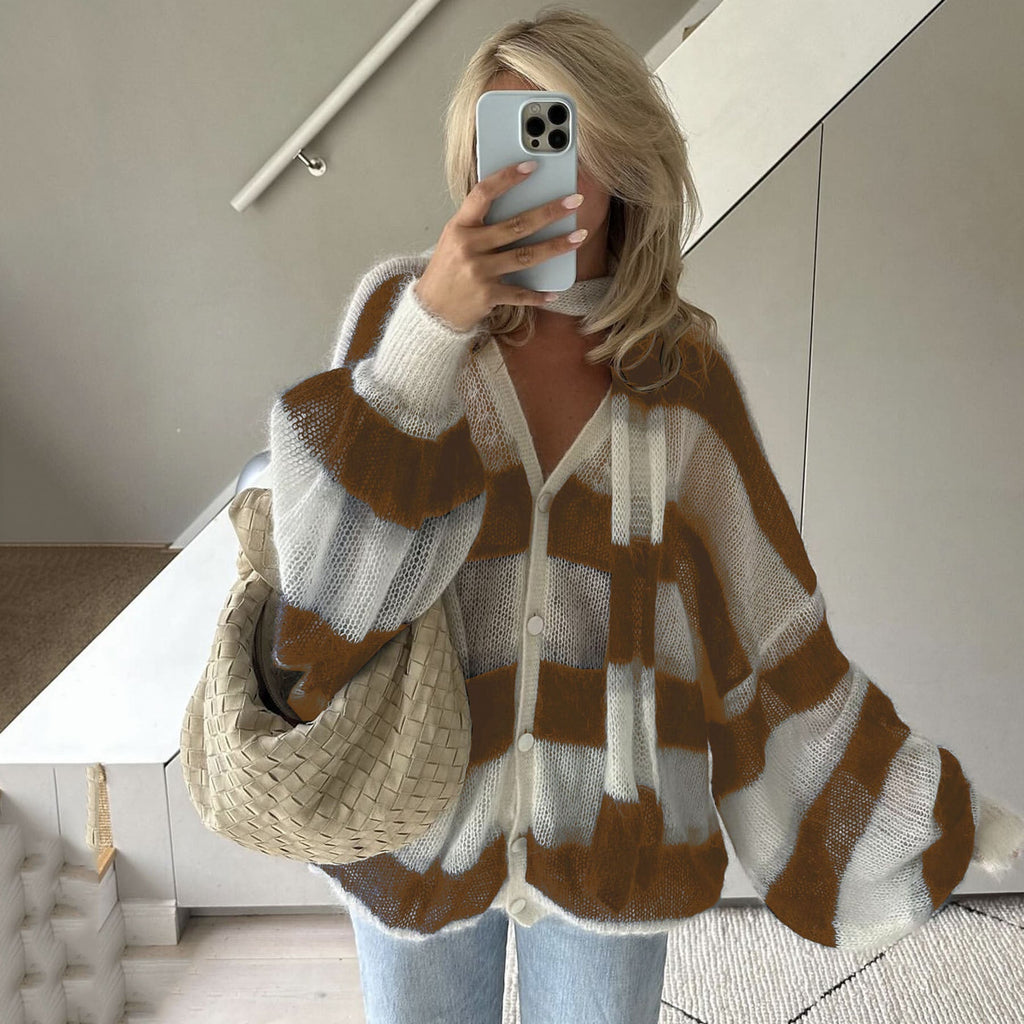 Loose and Idle Striped Sweater Cardigan With Scarf