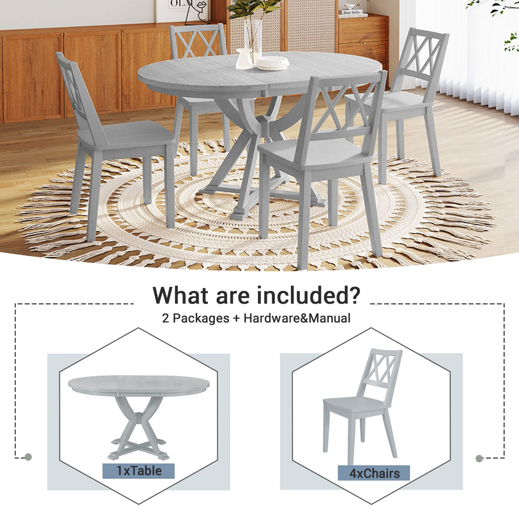 Mid-Century 5-Piece Extendable Round Dining Table Set With 15.7" Removable Leaf and 4 Cross Back Dining Chairs, Grey