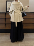 Asymmetric Cape Collar Wool Belted Short Coat