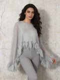 Grey Sheer Chiffon Feather Blouse