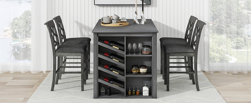 Updated Counter Height 5-Piece Solid Wood Dining Table Set, 59*35.4Inch Table With Curved Wine Rack and 4 Upholstered Ch