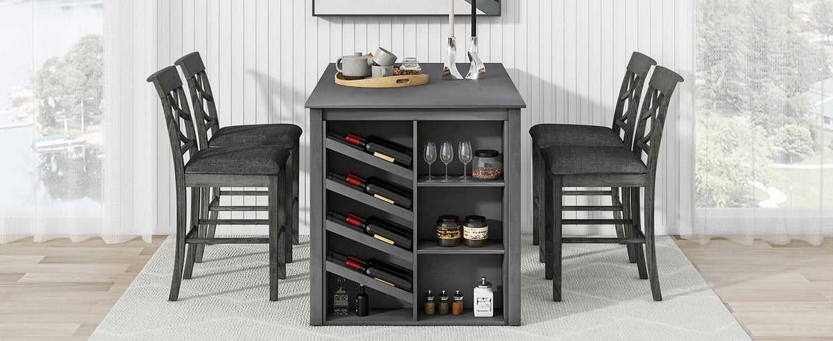 Updated Counter Height 5-Piece Solid Wood Dining Table Set, 59*35.4Inch Table With Curved Wine Rack and 4 Upholstered Ch