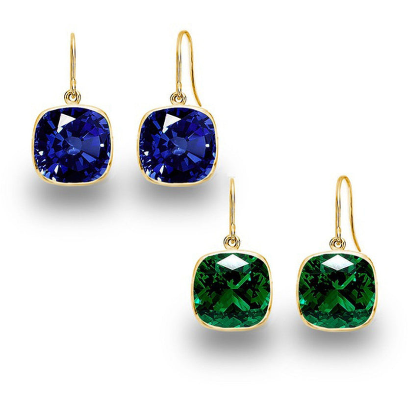 Aretes Colgantes con Zafiro y Esmeralda de Laboratorio, Talla Cojín, Peso Total de 5.00 CTW - Oro de 14K (2 Pares)