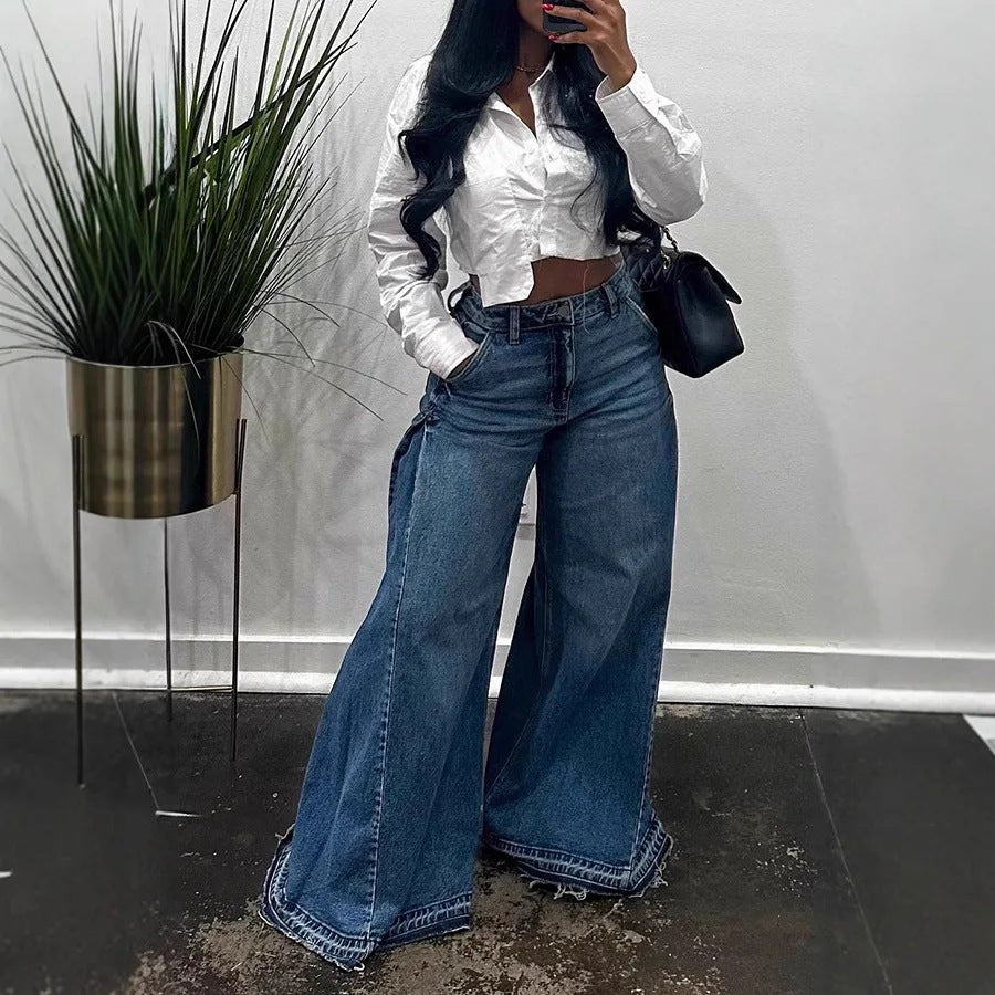 Loose Wide Leg Jeans Stitching Bell-Bottom Pants Tassel Trousers
