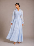 Puff Long Sleeve Gathered Waist Button Front Flowy Dress