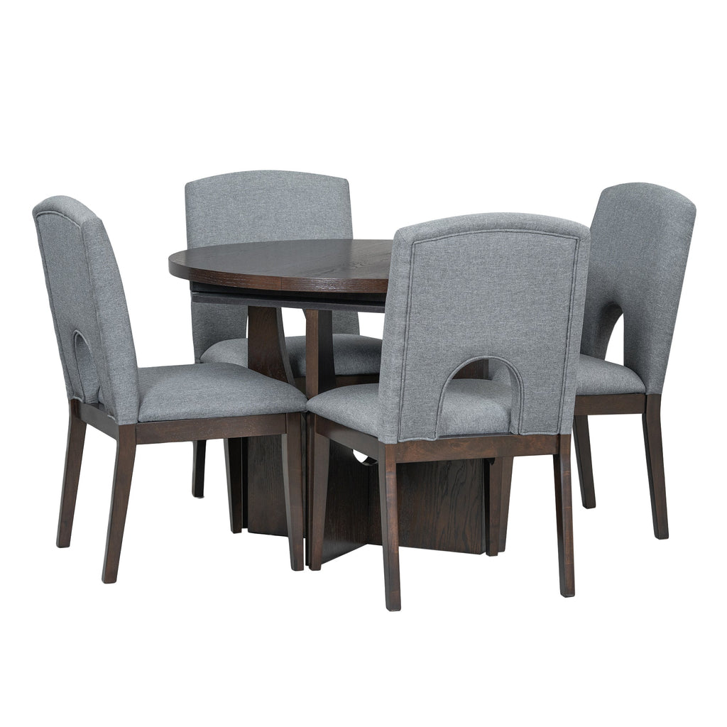 Modern 5-Piece Extendable Round Dining Table Set With 16.2inch Removable Leaf for Small Places, Espresso+Gray
