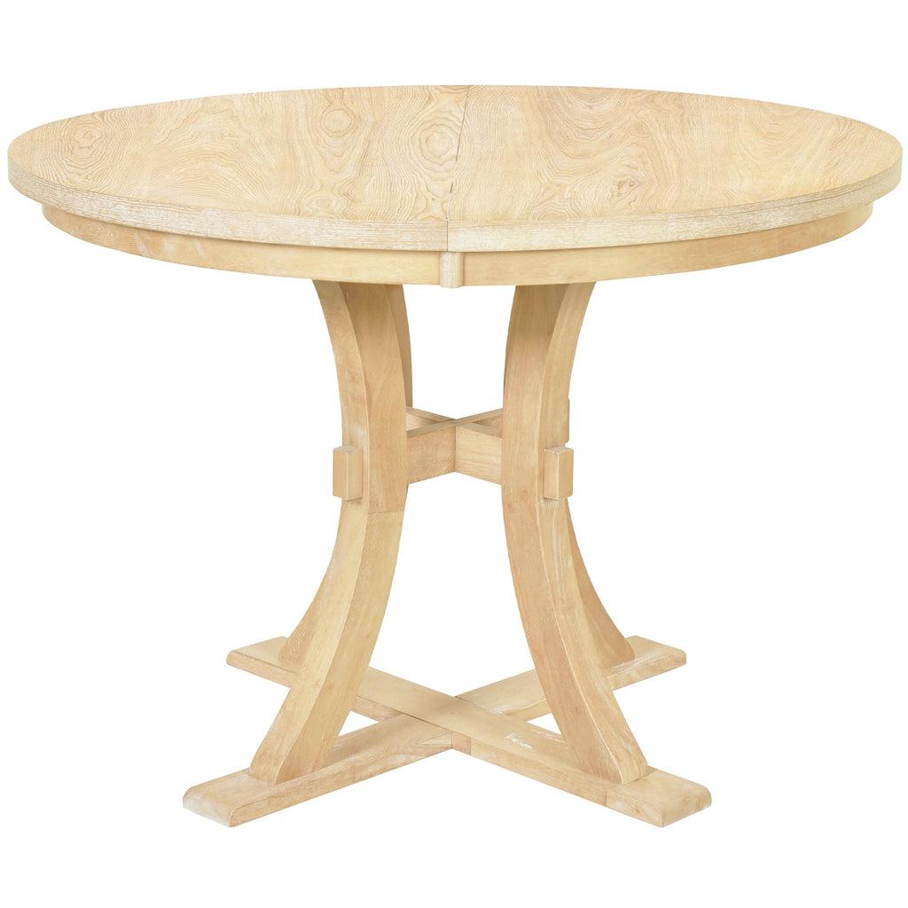 5-Piece Rustic Round Pedestal Extendable Dining Table Set With 15.7" Removable Leaf and Simple Dining Chirs for Small Pl