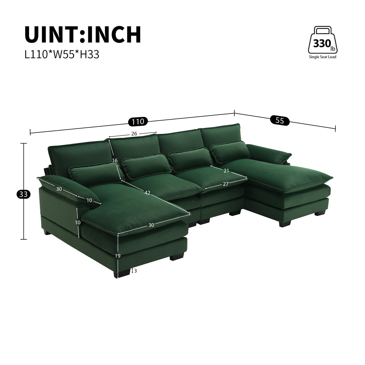 110*55" Modern U-Shaped Sectional Sofa With Waist Pillows,6-Seat Upholstered Symmetrical Sofa Furniture,Sleeper Sofa Cou