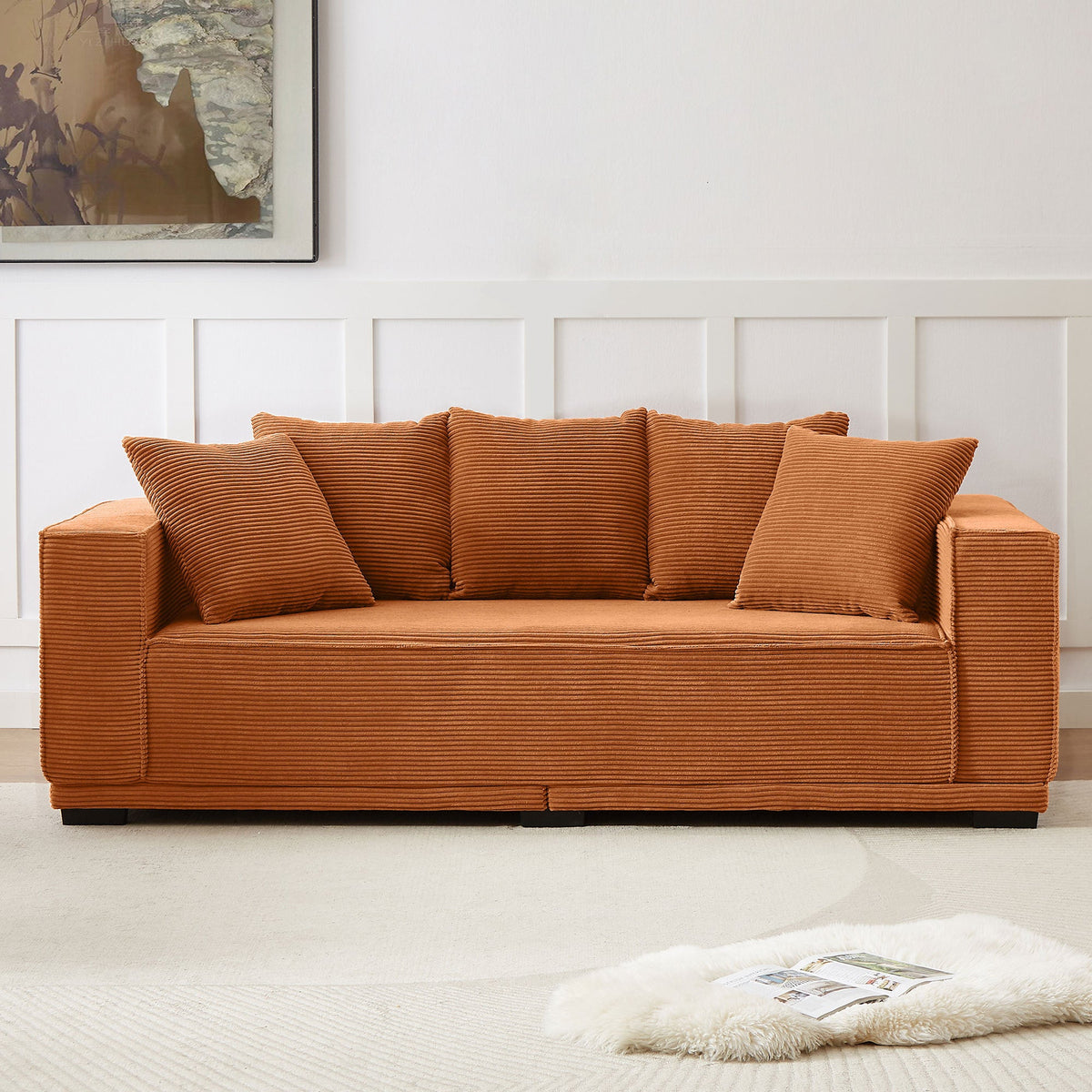 88.97'' Corduroy Sofa With 5 Matching Toss Pillows Modern Upholstered Sofa Including Bottom Frame for Bedroom, Apartment