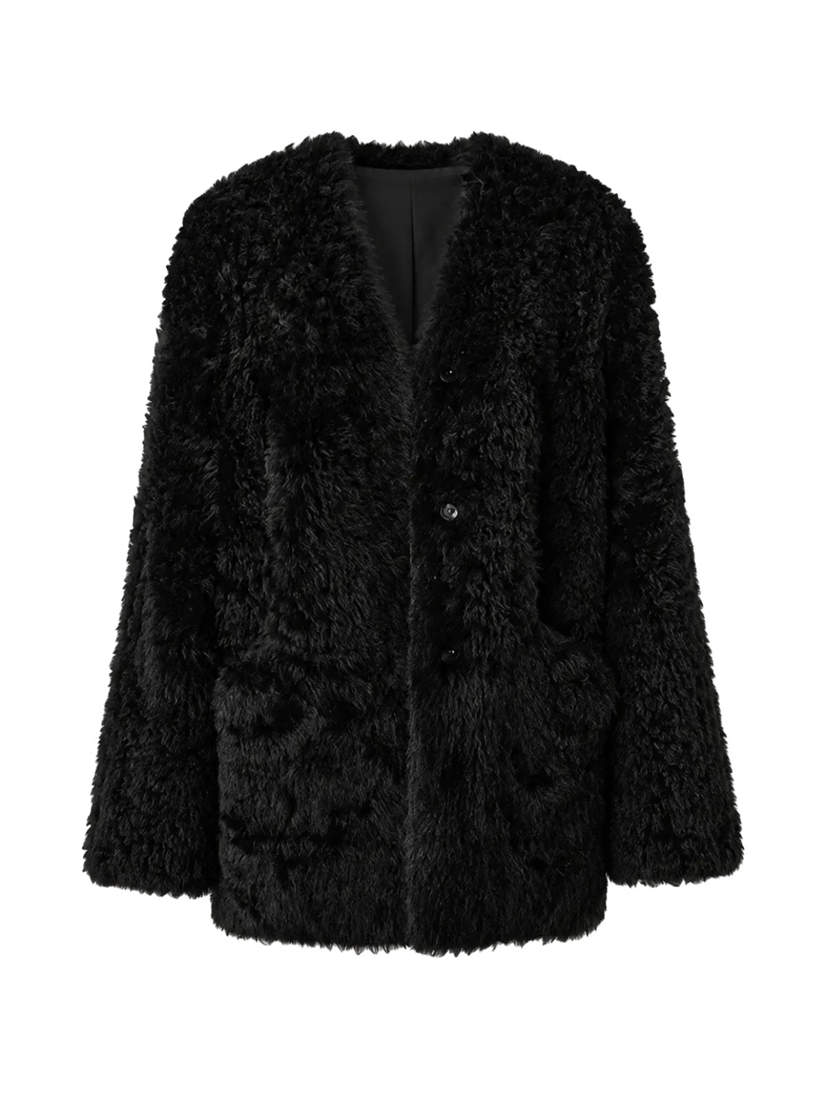 Abrigo de invierno de lana rizada de oveja toscana importada de Italia con cuello en V, modelo "Castle Dusk"