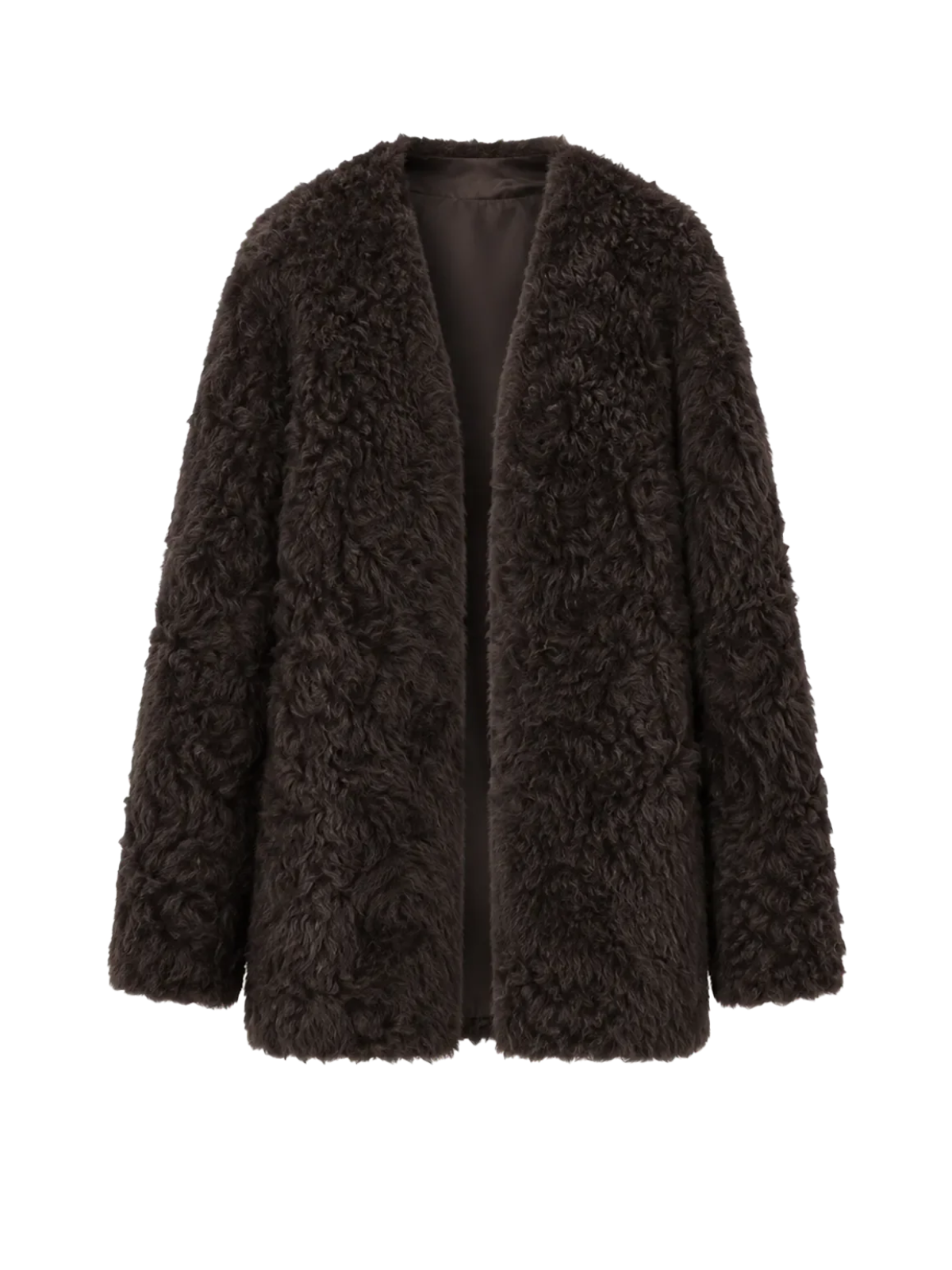 Abrigo de invierno de lana rizada de oveja toscana importada de Italia con cuello en V, modelo "Castle Dusk"