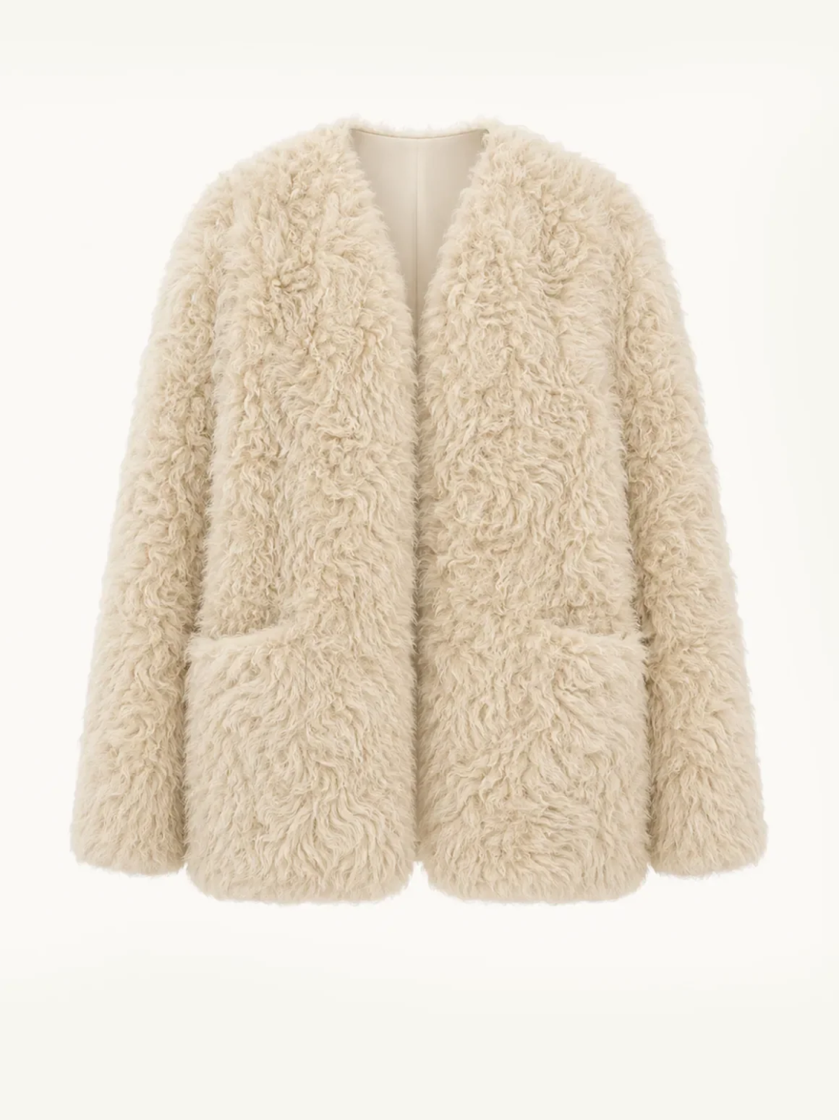 Abrigo de invierno de lana rizada de oveja toscana importada de Italia con cuello en V, modelo "Castle Dusk"