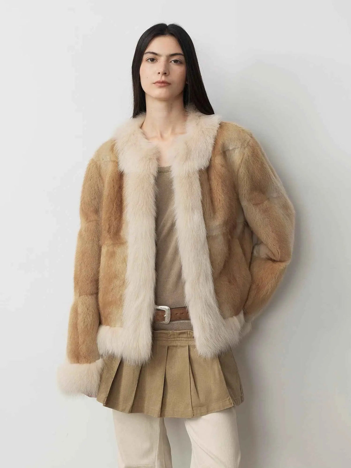 Fireladyfur Women's Blue Muskrat & Fox Fur Patchwork Coat "Casual Gene"