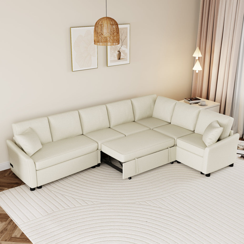 124.8"l-Shaped Sofa Convertible Sofa Bed Pull Out Sofa Sleeper With Two Back Pillows, Two USB Ports and Two Power Socket