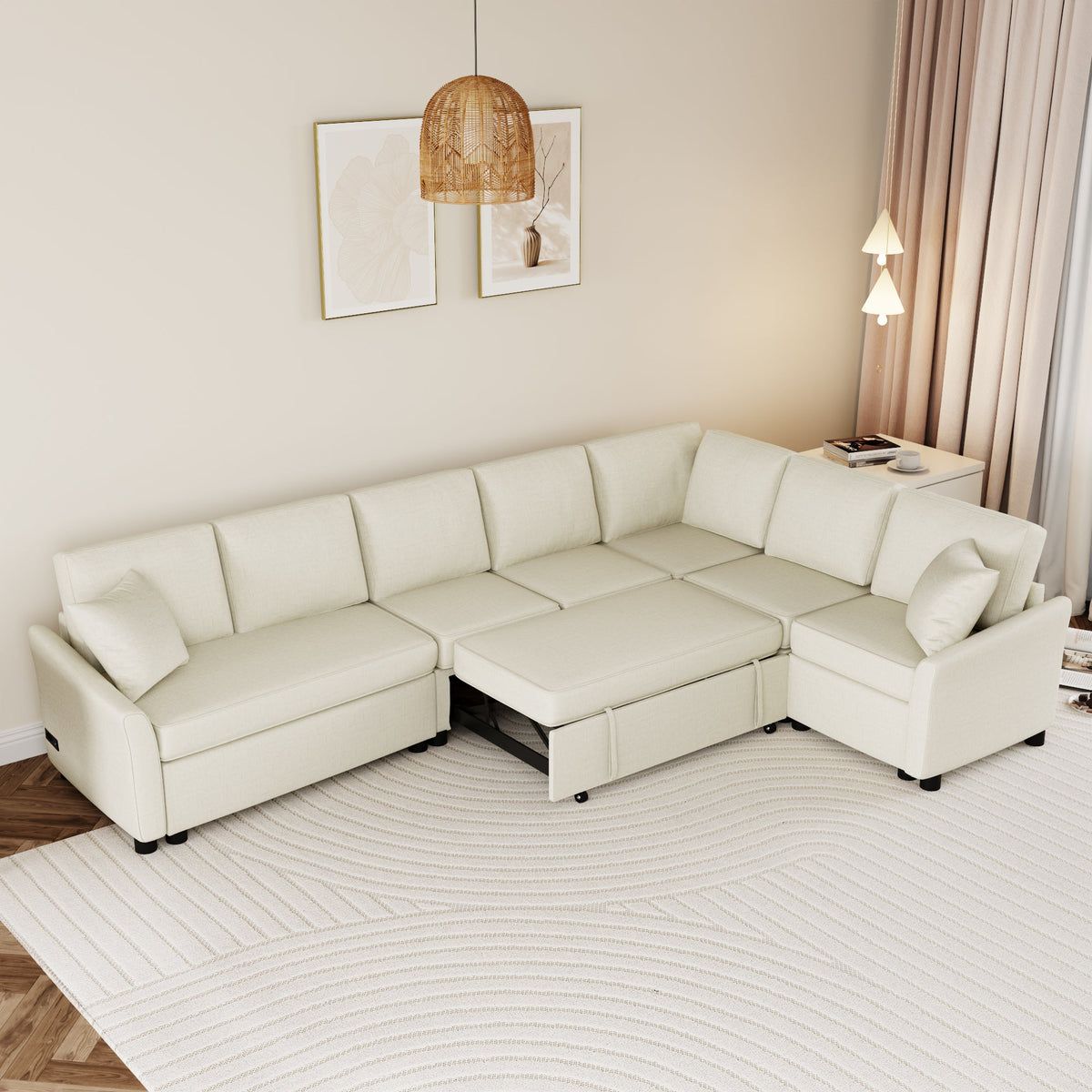 Sofá en forma de L de 124.8", sofá cama convertible extraíble con dos cojines de respaldo, dos puertos USB y dos enchufes eléctricos