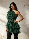 One Shoulder Tulle Ruffle Layered Mini Tunic Top