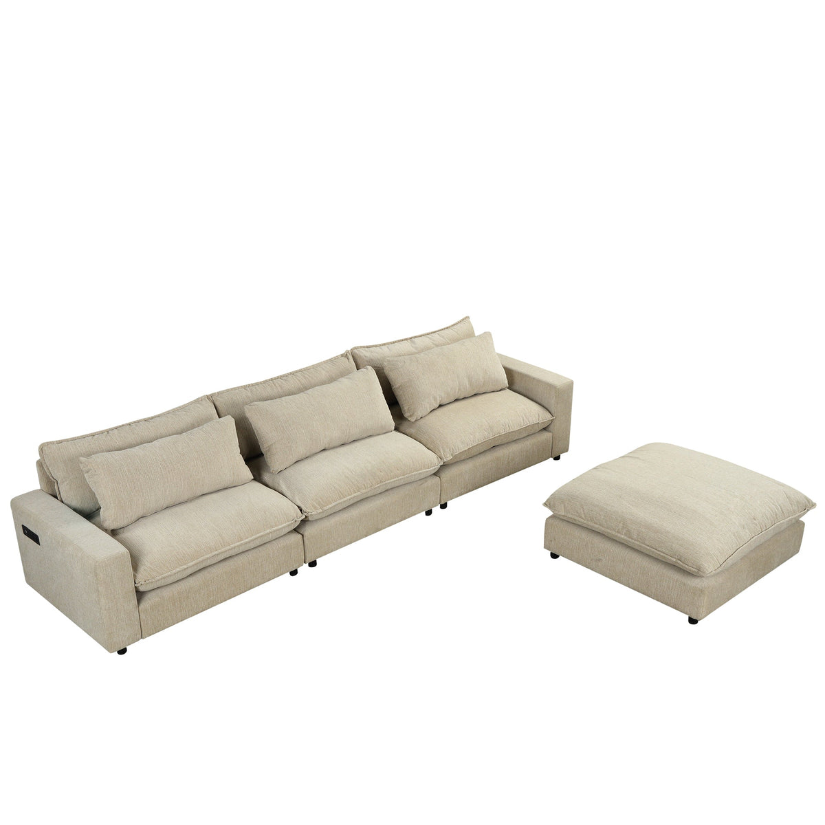 128" Sectional Sofa Cloud Sofa Chenille Upholstered Sofa  Couch With Movable Ottoman, Comfortable Seat Cushions, Chargin