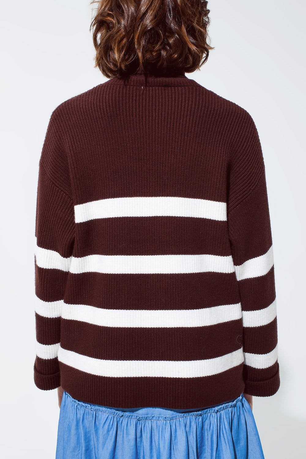 Chocolate Brown Turtle Neck Sweater With White  Stripes