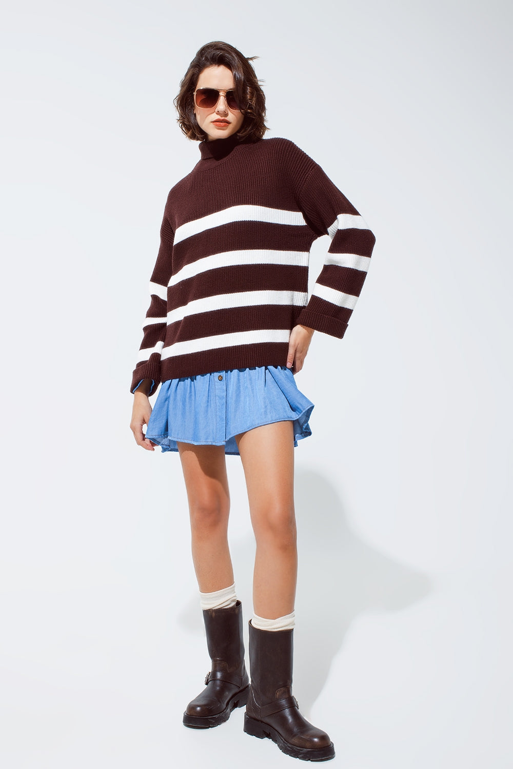 Chocolate Brown Turtle Neck Sweater With White  Stripes