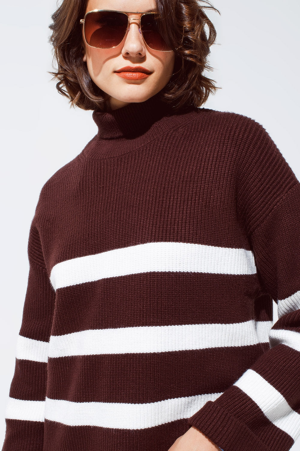 Chocolate Brown Turtle Neck Sweater With White  Stripes