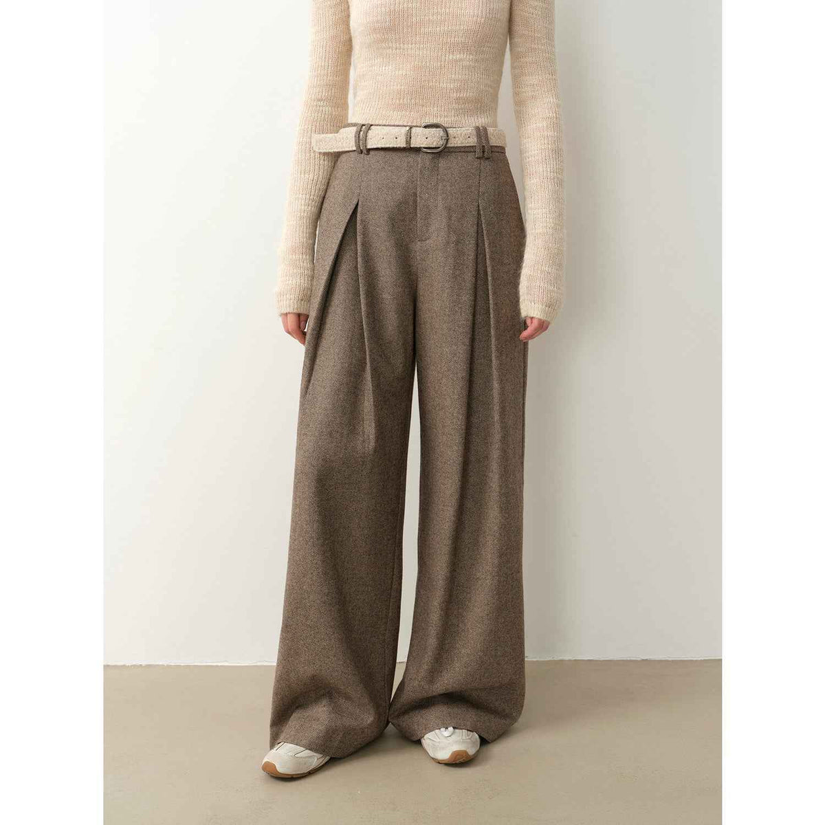 Pantalones casuales "City Stroll" de corte recto, pierna ancha, doble pliegue y tejido de mezcla de lana, informales y relajados para otoño