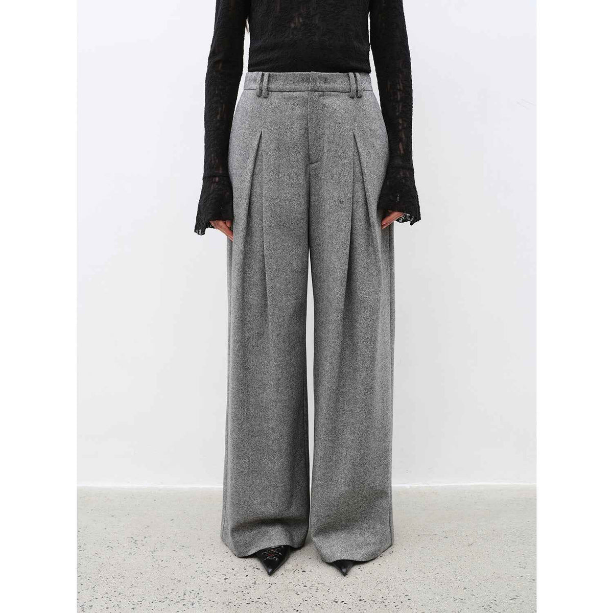 Pantalones casuales "City Stroll" de corte recto, pierna ancha, doble pliegue y tejido de mezcla de lana, informales y relajados para otoño