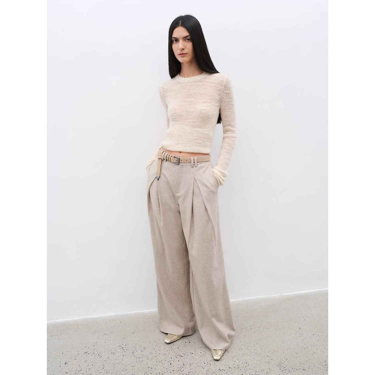 Pantalones casuales "City Stroll" de corte recto, pierna ancha, doble pliegue y tejido de mezcla de lana, informales y relajados para otoño
