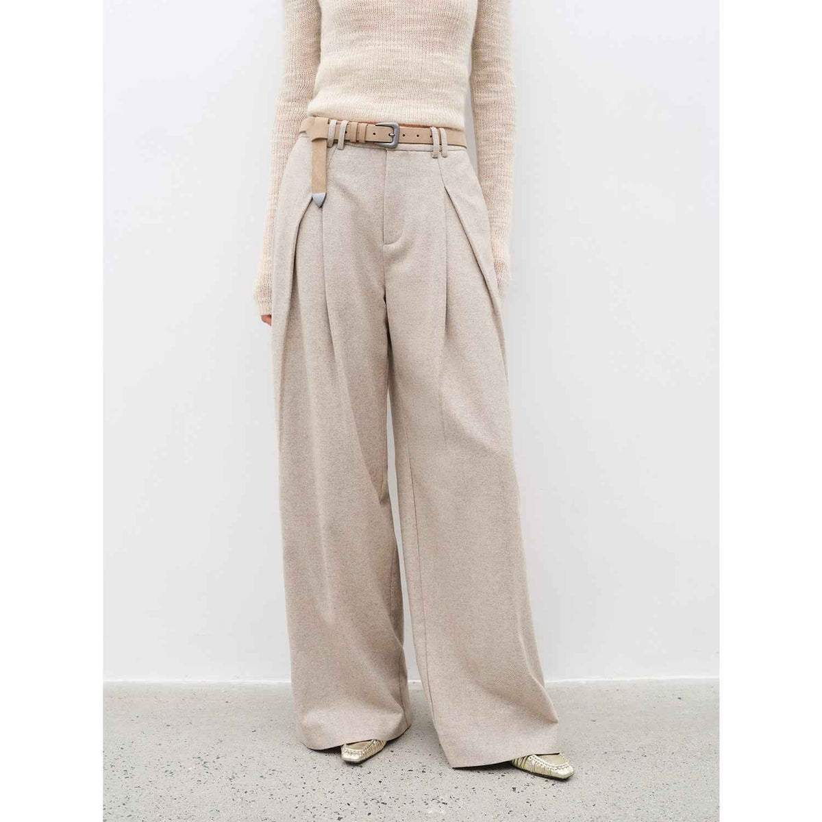 Pantalones casuales "City Stroll" de corte recto, pierna ancha, doble pliegue y tejido de mezcla de lana, informales y relajados para otoño