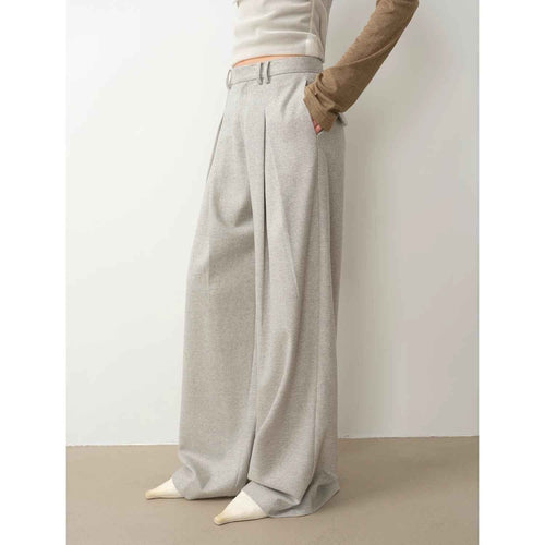 Pantalones casuales "City Stroll" de corte recto, pierna ancha, doble pliegue y tejido de mezcla de lana, informales y relajados para otoño