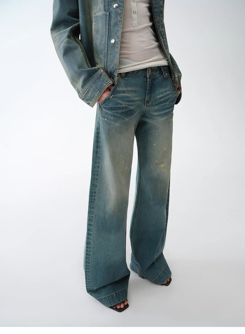 Pantalon en jean de coton droit taille basse effet vieilli enduit cuir « Climber » pour le printemps