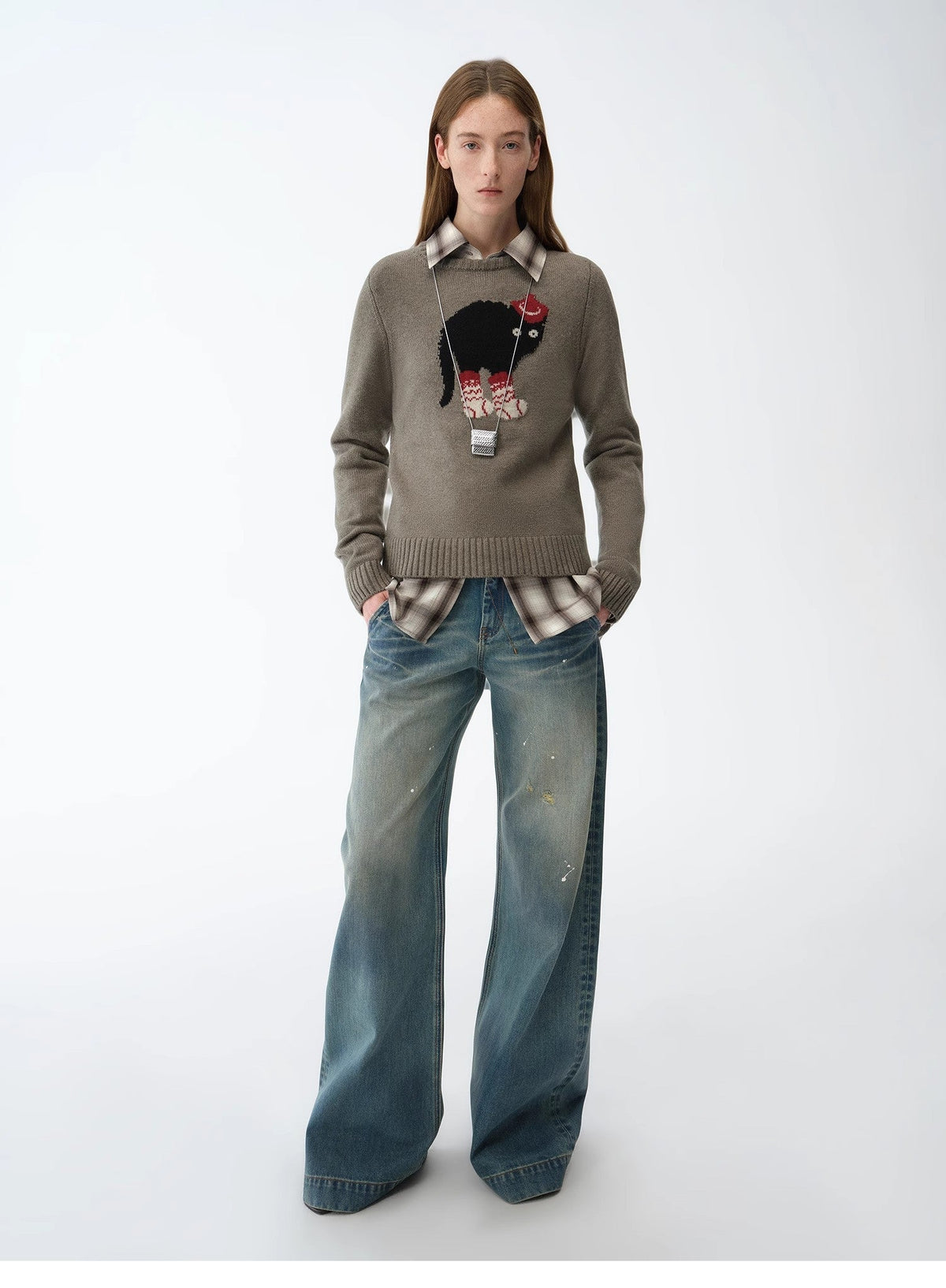 "Climber" Leather-Coated Distressed Straight Low-Rise Cotton Denim Trousers for Spring