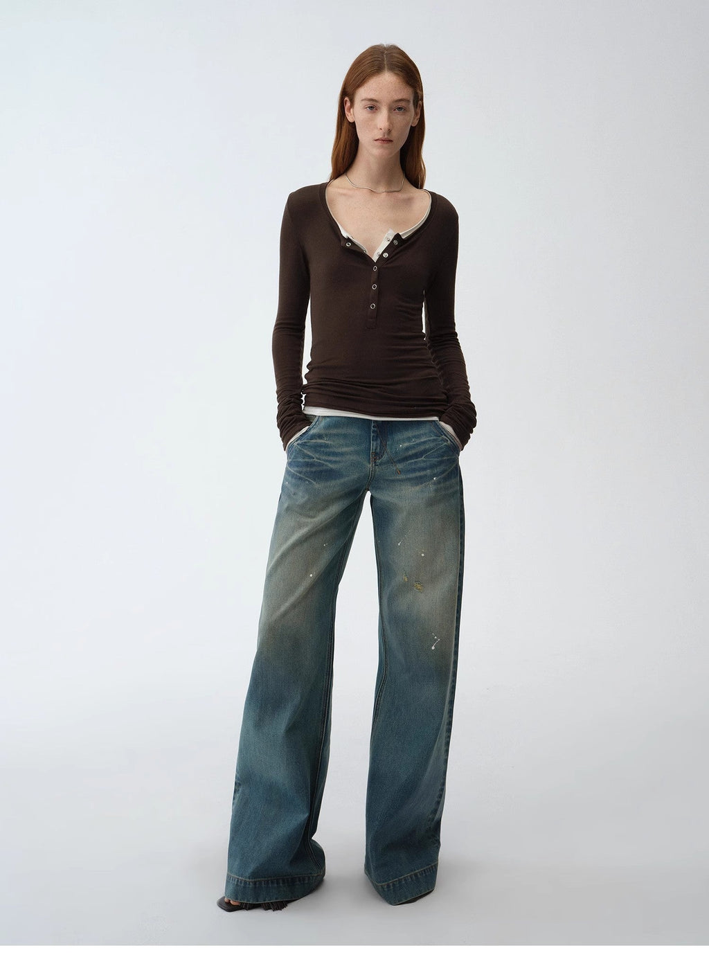 "Climber" Leather-Coated Distressed Straight Low-Rise Cotton Denim Trousers for Spring