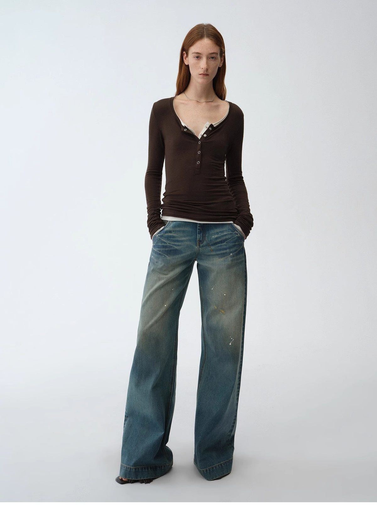 "Climber" Leather-Coated Distressed Straight Low-Rise Cotton Denim Trousers for Spring