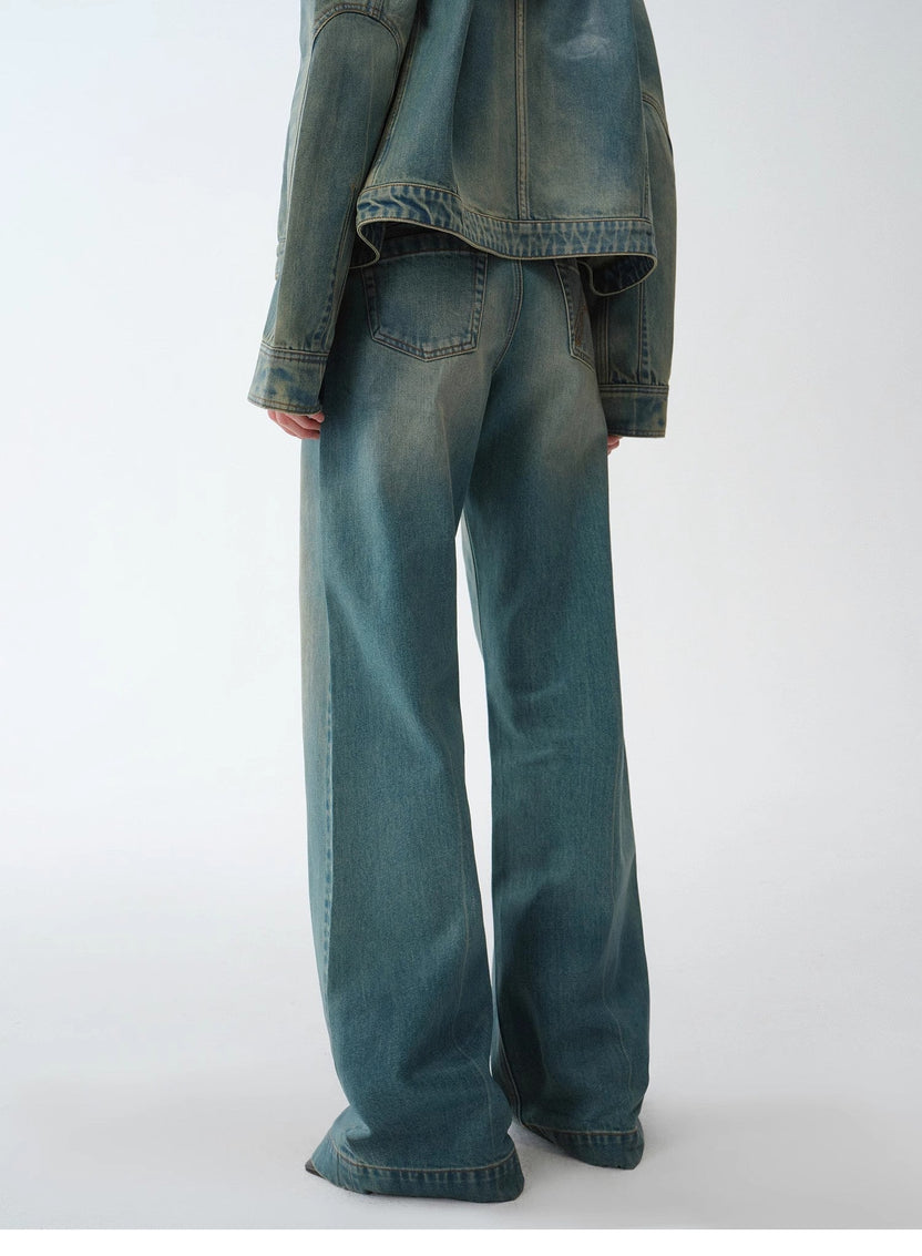 Pantalon en jean de coton droit taille basse effet vieilli enduit cuir « Climber » pour le printemps