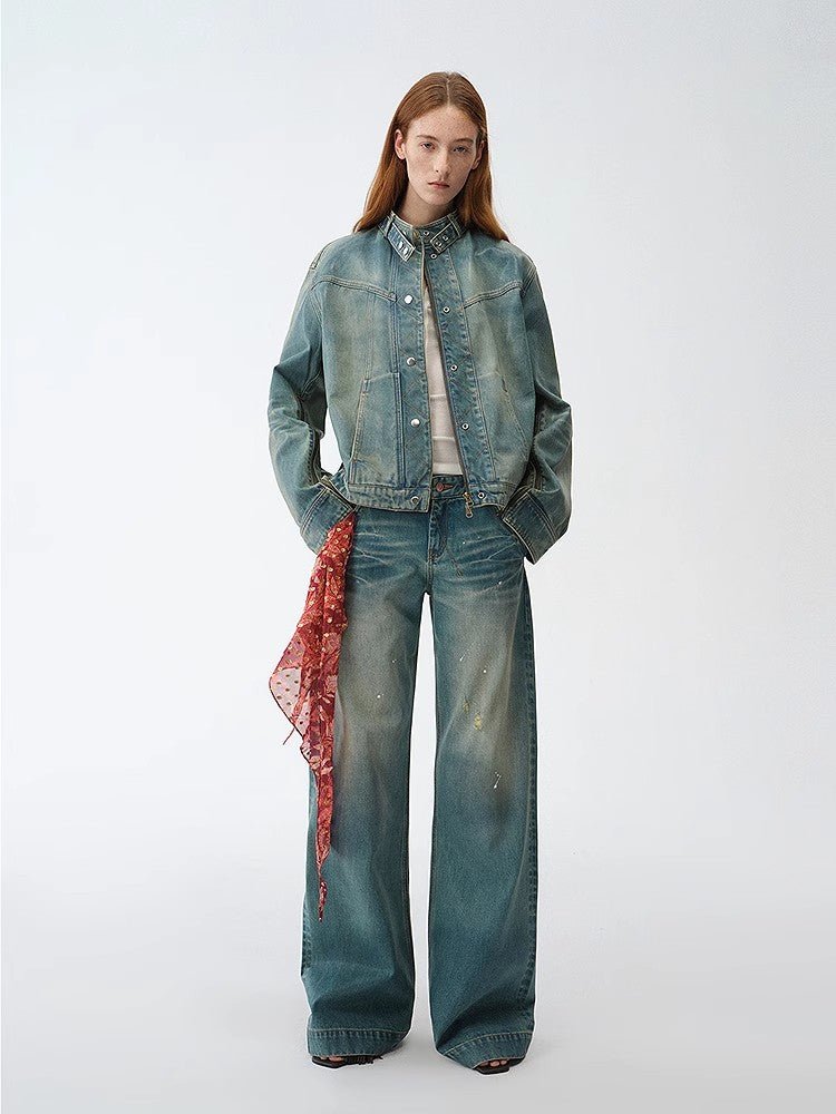 Pantalon en jean de coton droit taille basse effet vieilli enduit cuir « Climber » pour le printemps