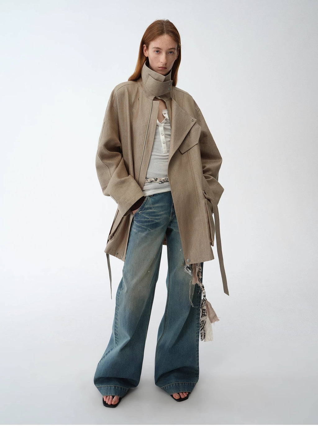 "Climber" Leather-Coated Distressed Straight Low-Rise Cotton Denim Trousers for Spring