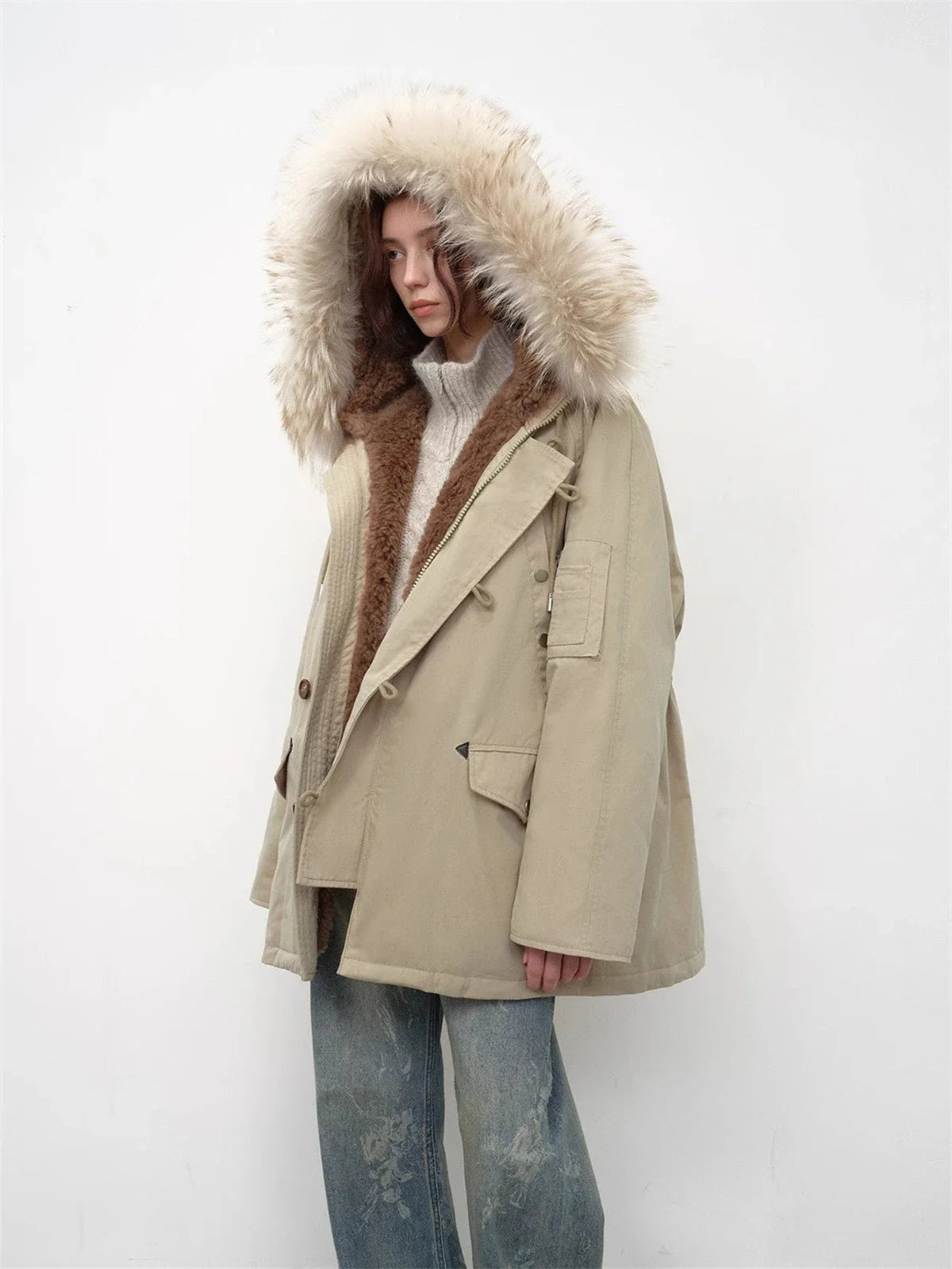 Fireladyfur Women's Shearling Lined Down Parka With Raccoon Fur Collar Hood"Coastal Highway II"