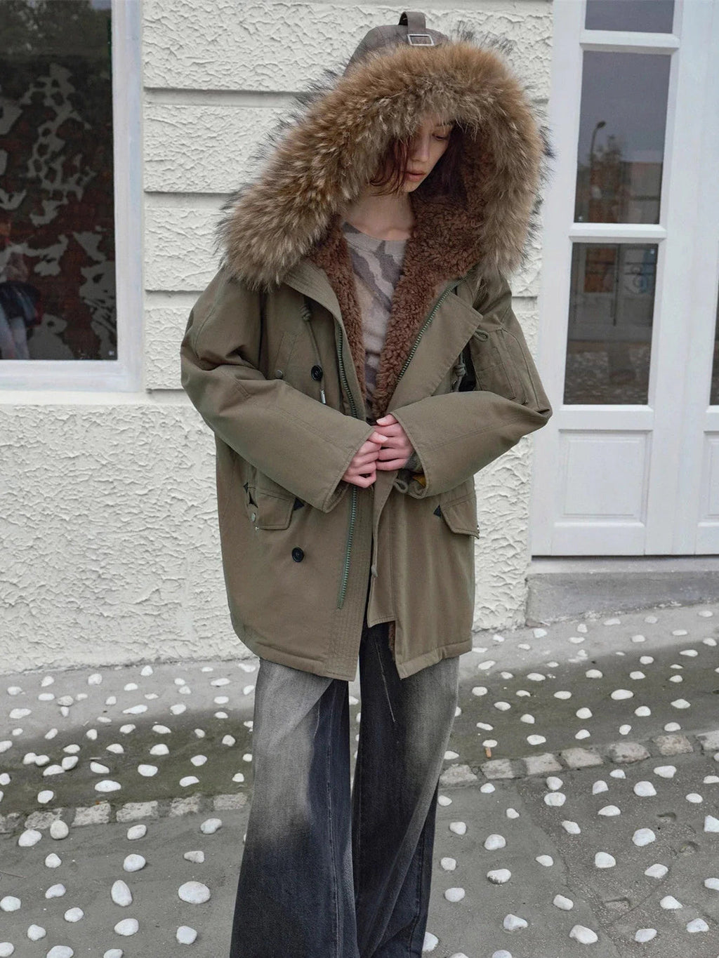 Fireladyfur Women's Shearling Lined Down Parka With Raccoon Fur Collar Hood"Coastal Highway II"