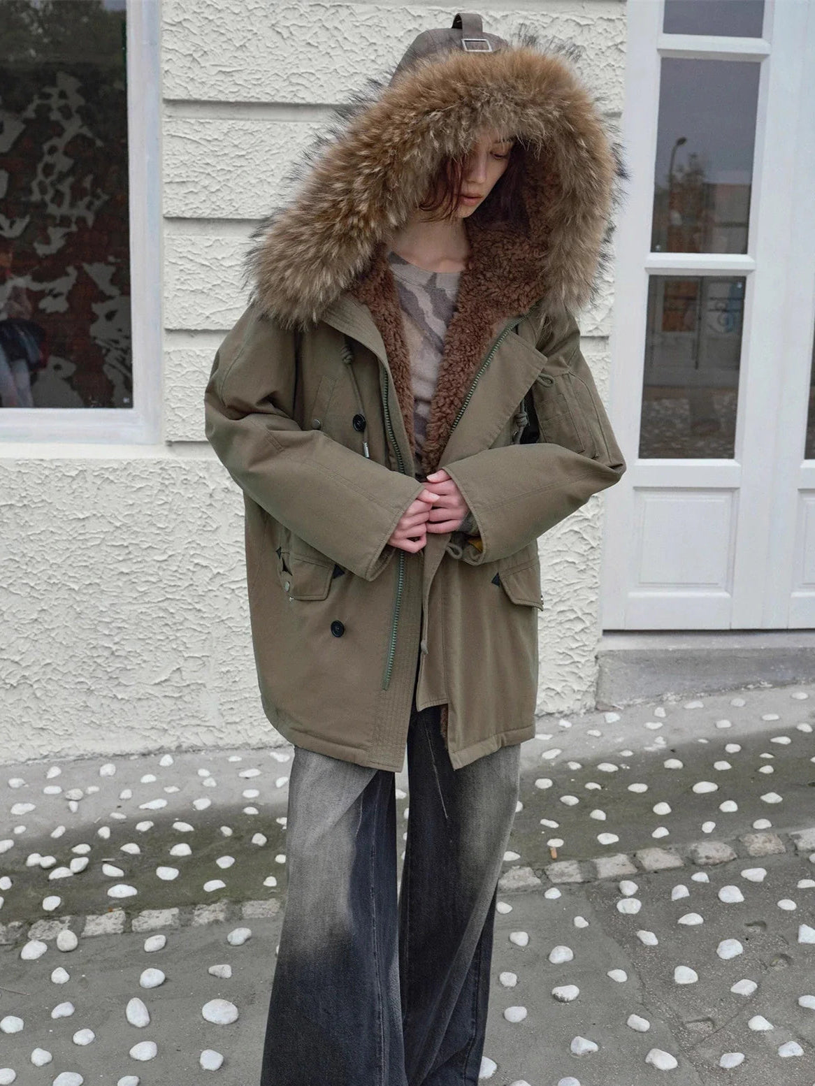 Fireladyfur Women's Shearling Lined Down Parka With Raccoon Fur Collar Hood"Coastal Highway II"