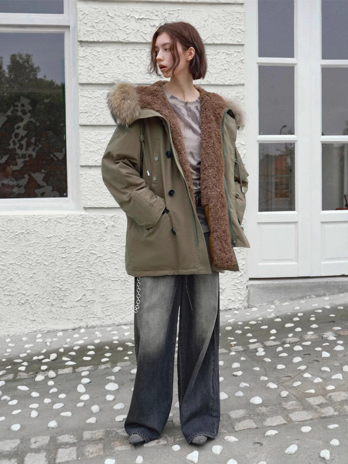 Fireladyfur Women's Shearling Lined Down Parka With Raccoon Fur Collar Hood"Coastal Highway II"